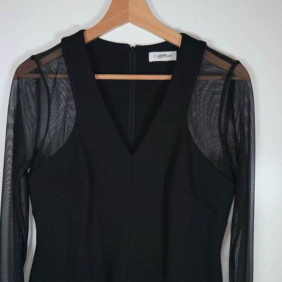 Calvin Klein Black Mesh Sleeve Bodycon Cocktail Dress Glam Minimalist Chic 6 LBD - Picture 6 of 14